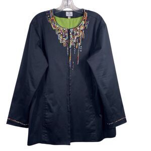 CHICO'S Beaded Embellished Blazer Jacket Size 3 Size XL Size 16 Long Line Black